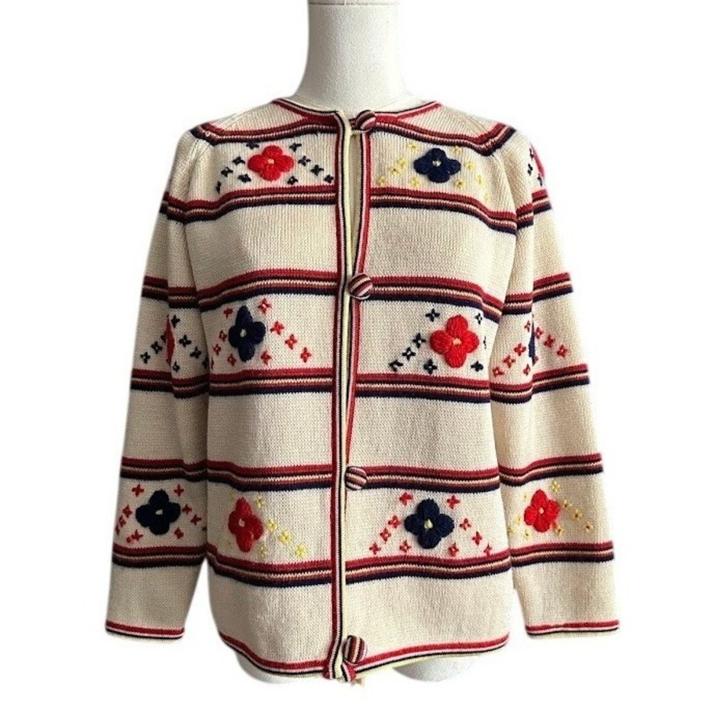 Vintage 70s Lilly of California 100% Virgin Wool Cardigan Embroidered‎ Floral L